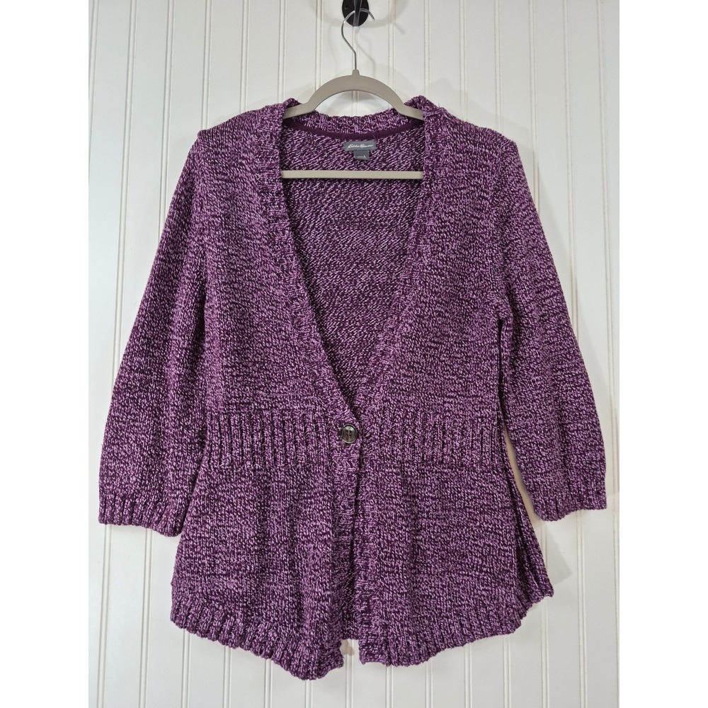 Eddie Bauer Purple Marl Chunky Knit Single Button Cardigan Sweater 3/4 Sleeve L